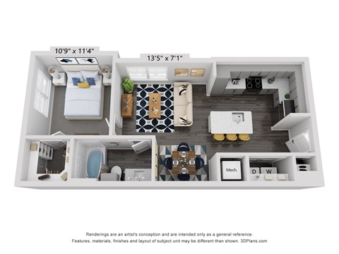 a stylized 3d floor plan with a bedroom and a living room